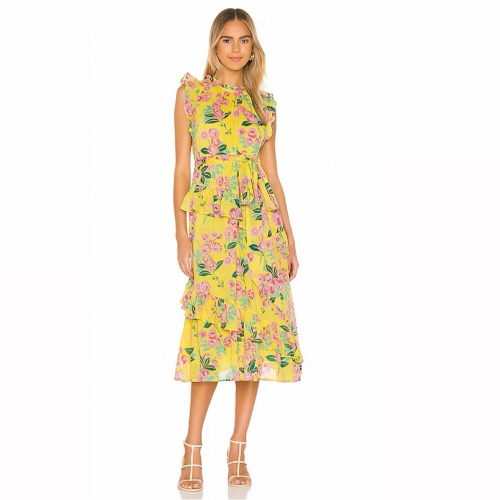Banjanan Bella Ruffle Midi Dress in Yellow Floral Aurora Print Size XS